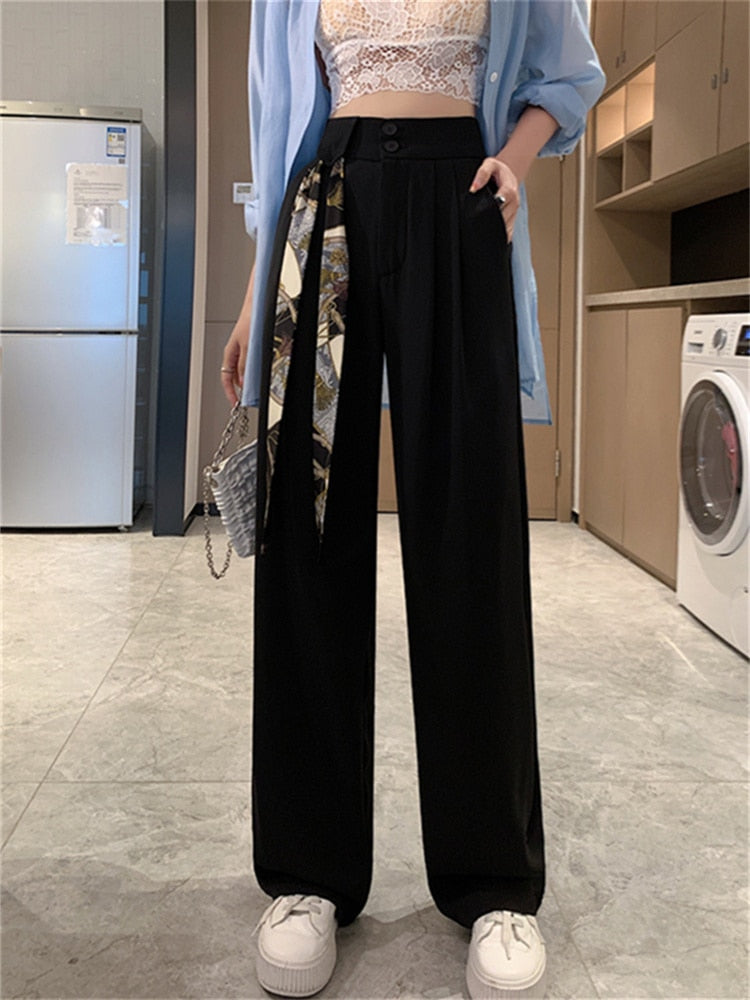 jinran White High Waisted Pants for Women Spring New Korean Fashion Button Up Wide Leg Pants Office Ladies Casual Pants