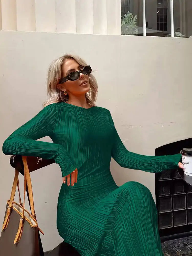 jinran Autumn Striped Ruched Ruffle Sexy Y2K Clothes Long Sleeve Bodycon Midi Dresses For Women 2024 Club Party Elegant Outfit