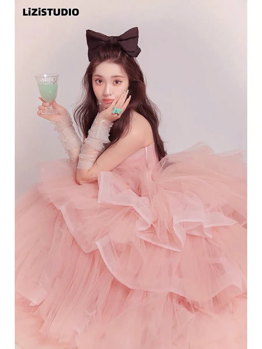 jinran Fairy Prom Dresses Sweetheart Sleeveless Cake Tiered Ruffle Quinceanera Pink Corset Lace-up Birthday Wedding Evening Gowns New