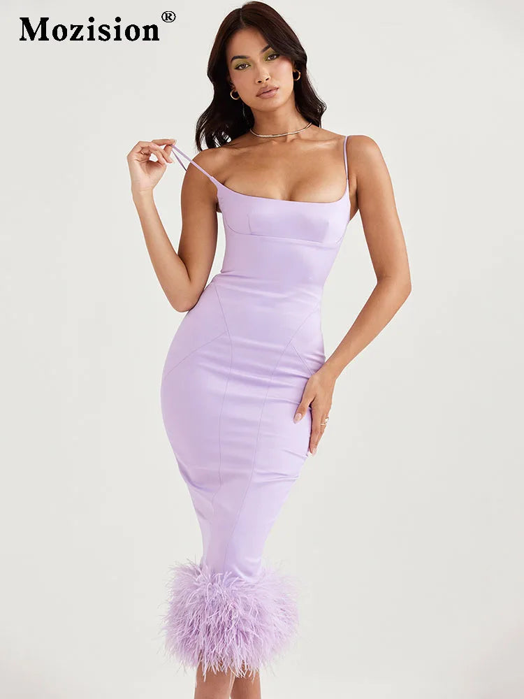 jinran Feather Tassel Spaghetti Strap Backless Long Dress Women Summer New Sleeveless Backless Bodycon Club Party Dress
