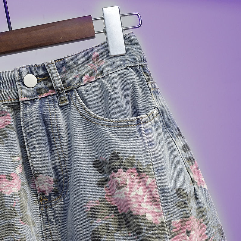 jinran Spring And Summer Trendy Flower Split Denim Skirt Women's 5XL Slightly Fat MM Thin Bag Hip Mid-length A-line Skirt