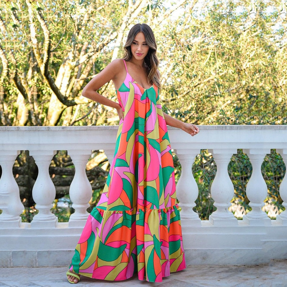 jinran New Women's Deep V Backless Dress Bohemian Floral Suspender Long Skirt Summer Dresses Skirts Woman Clothing Trend Clothes