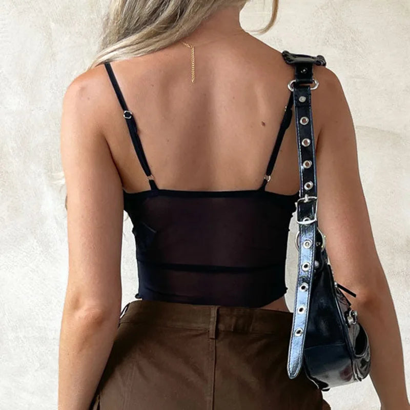 jinran Sexy Mesh Camis Women Corset New Sleeveless Summer Streetwear Fashion Bandage V-Neck Black Crop Top Backless Basic Cropped Tops