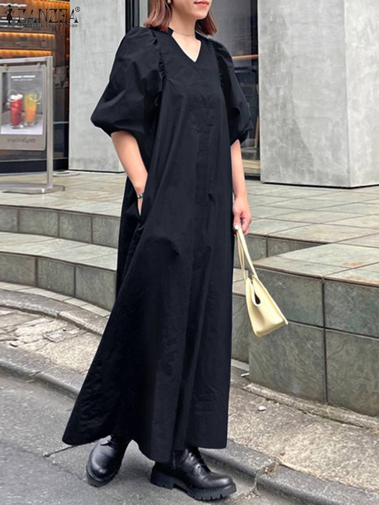 jinran Women Casual V Neck Solid A-Line Vestido 2022 Fashion Long Puff Sleeve Sundress Holiday Dress Retro Kaftan Dress Oversize