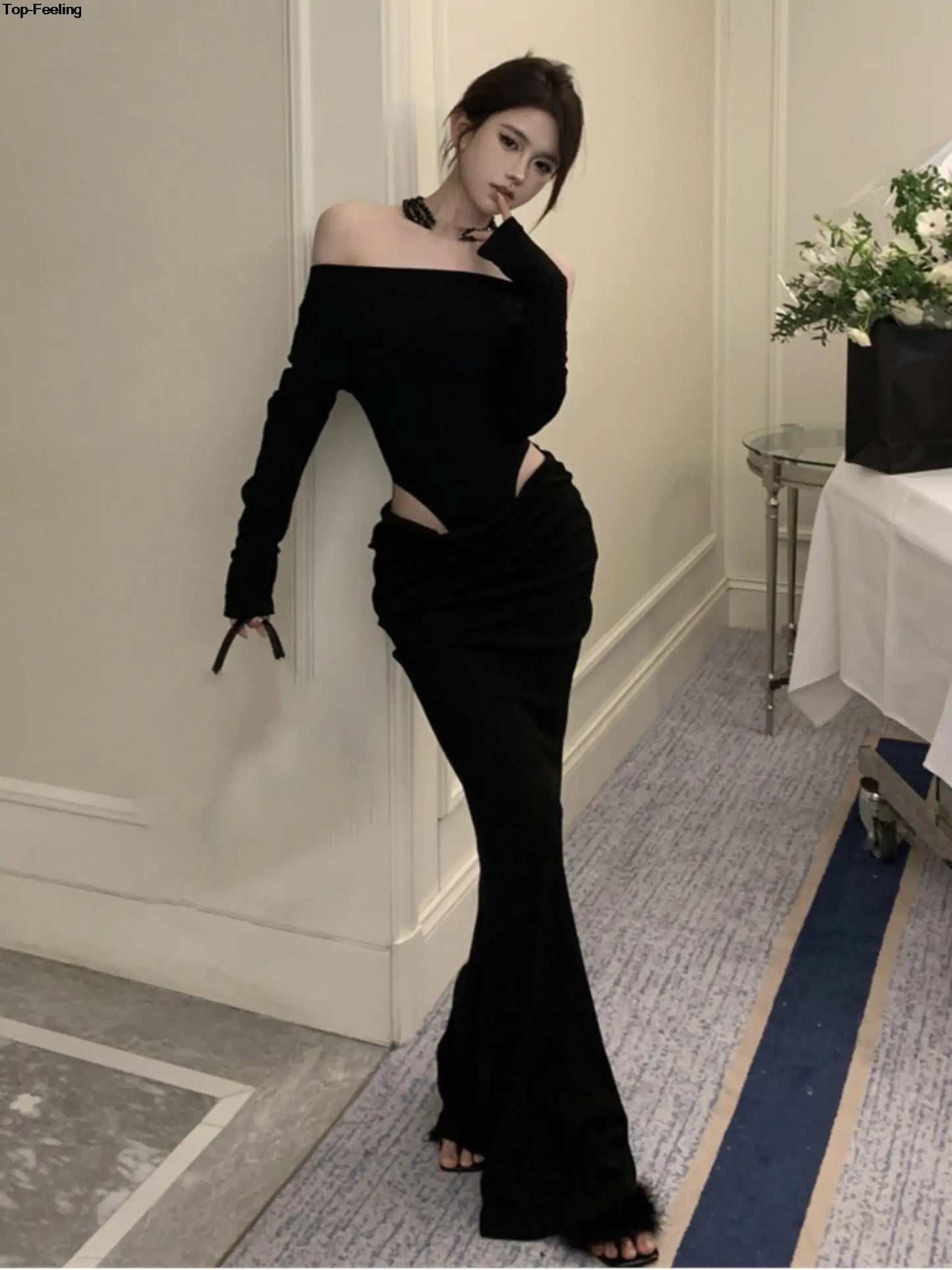 jinran Women Sexy Hollow Out Black Long Dress Spring Autumn Fashion Bodycon Party Prom Runway Robe Female Y2k Streetwear Mujers Clothes