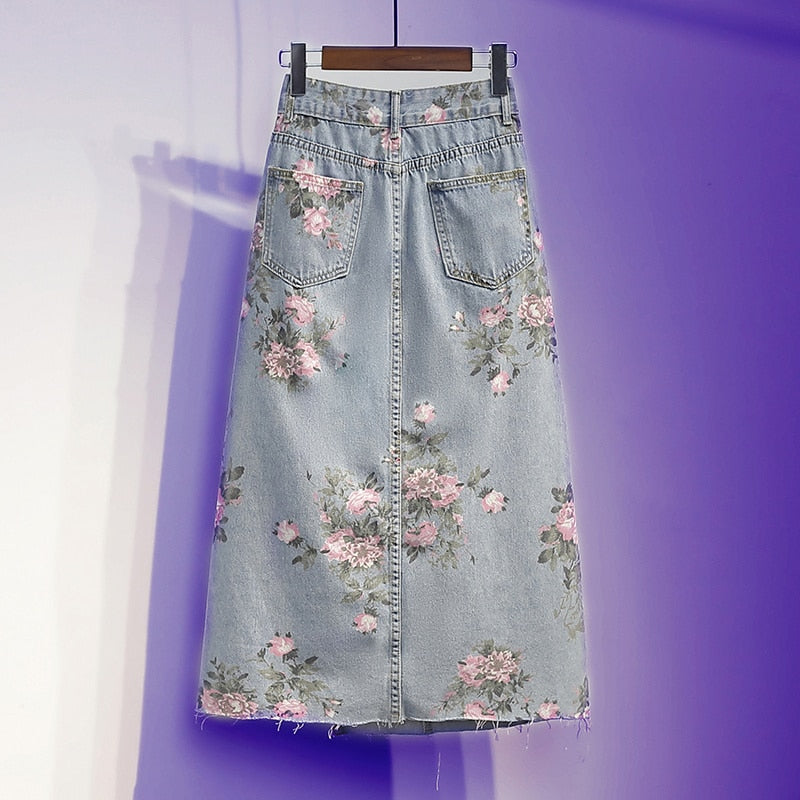 jinran Spring And Summer Trendy Flower Split Denim Skirt Women's 5XL Slightly Fat MM Thin Bag Hip Mid-length A-line Skirt