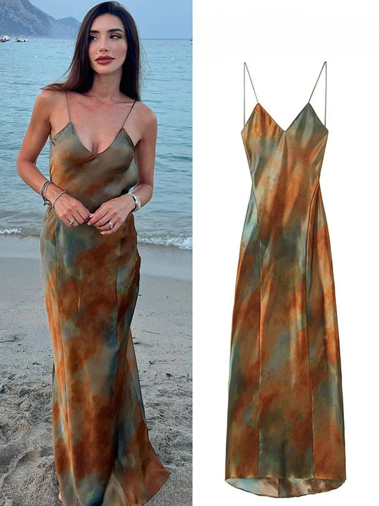 jinran stylish Summer New Fashion Female Elegant Scenery V-Neck Backless Sexy Camisole Dresses Women Chic Slim Sleeveless Long Dresses