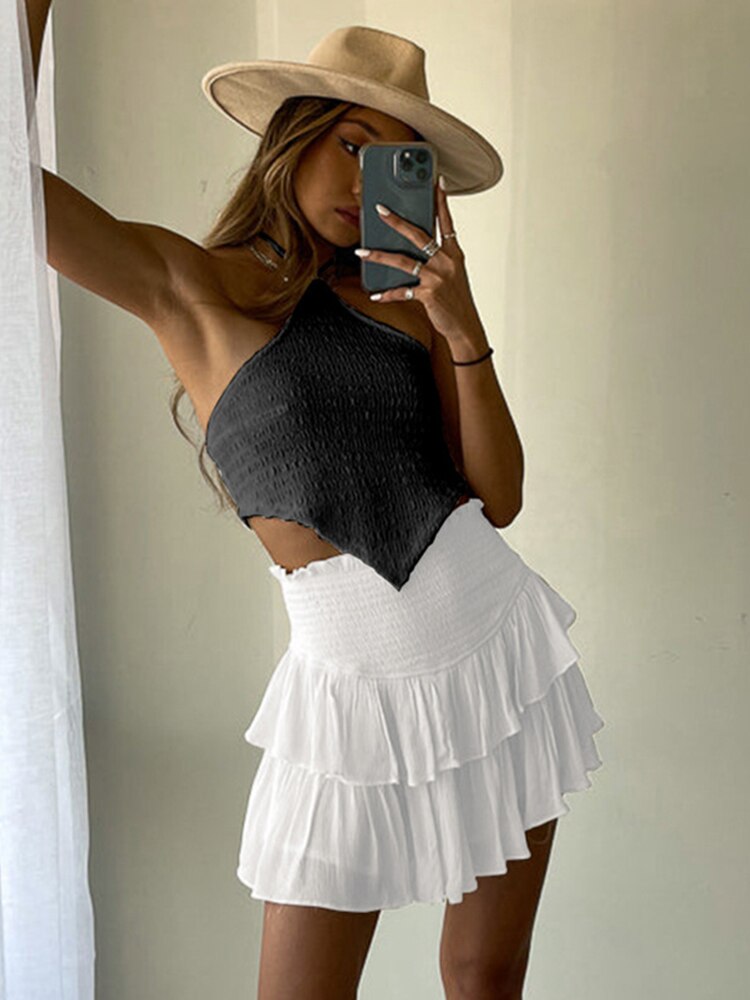 jinran Women Summer White Ruffle Tiered Mini Skirt Beach Cute Fashion Elastic Waist Rose Red Faldas Mujer Black Bottom
