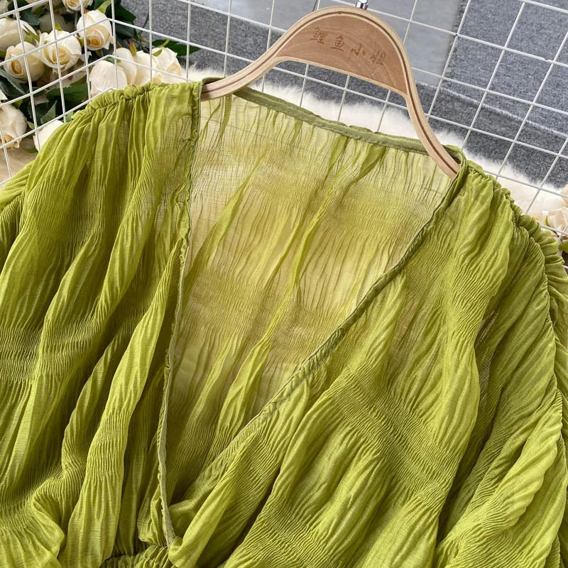 jinran Women Sexy Chiffon Short Blouse Female See Through Super Long Sleeve Blusas Purple/Green/Black/White Folds Party Tops 2024 New