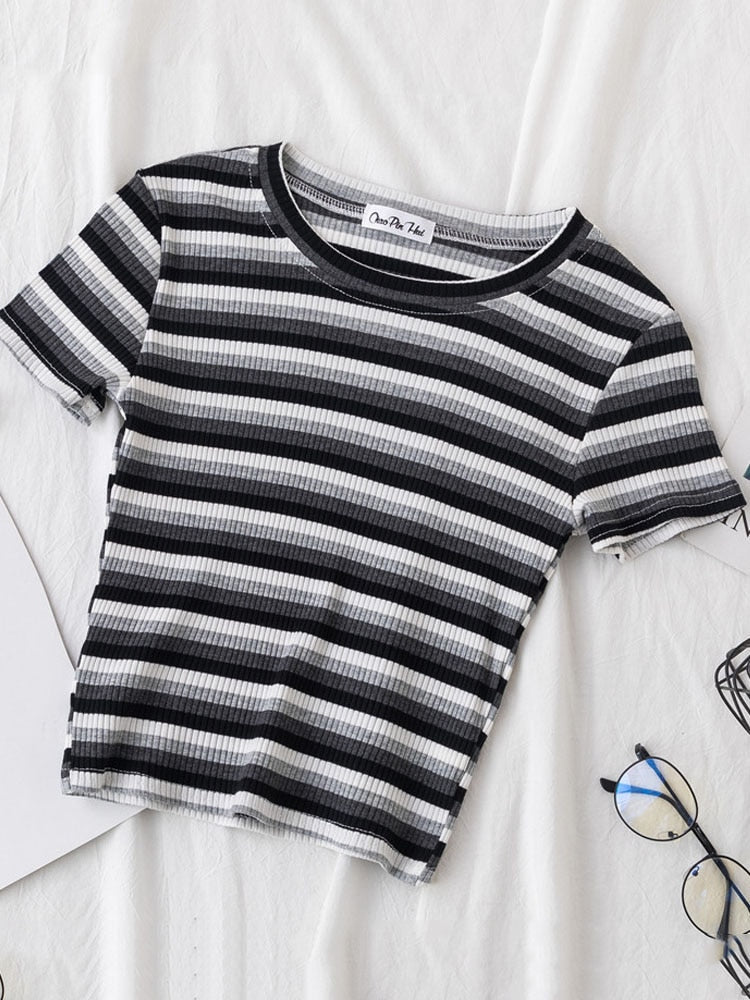 jinran New T Shirt Women Rainbow Striped Tops Slim Fit t shirt Harajuku Tshirt Summer Short Sleeve Korean T-shirt feminina Clothes Tops