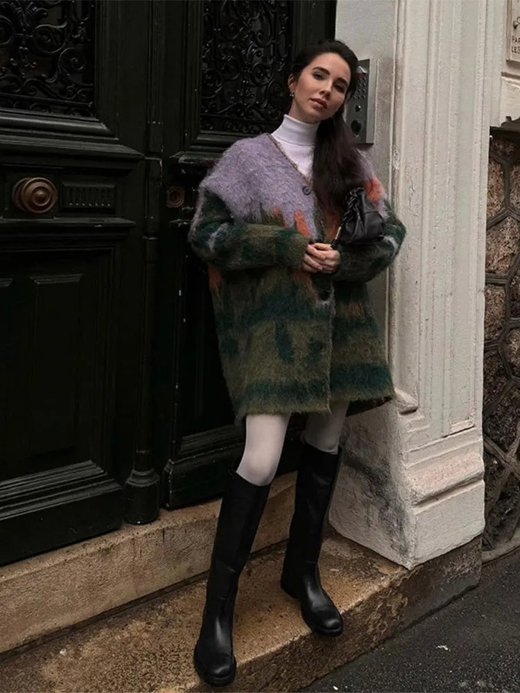 nvxiot - Autumn New Mohair Print Knit Cardigan Coat Oversize Single Breasted Long Sleeve Sweater Tops 2024 Office Lady Commute Streetwear