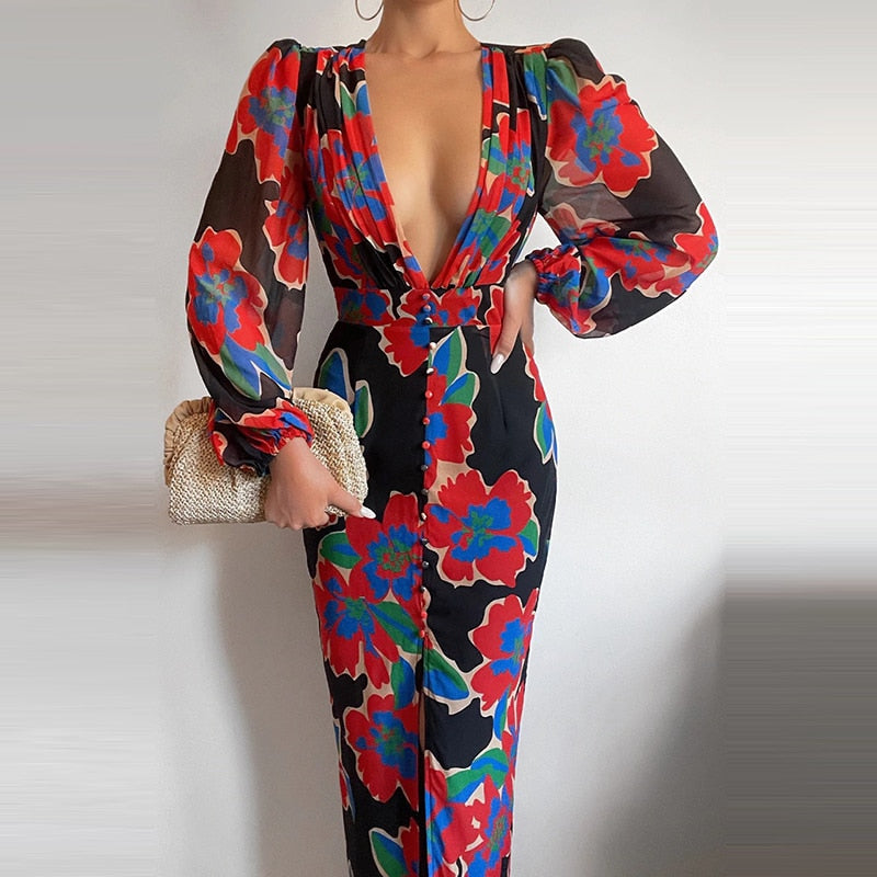 jinran Women Sexy Button V-Neck Slit Party Dress Lady Elegant Print Slim Maxi Dress Spring Summer Casual Long Sleeve High Waist Vestido