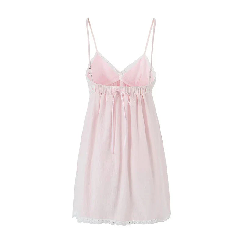 jinran 2024 Women Sweet Lace Spliced Pink Sling Mini Dress Sexy Sleeveless V Neck Female Holiday Summer Dresses Party Robe