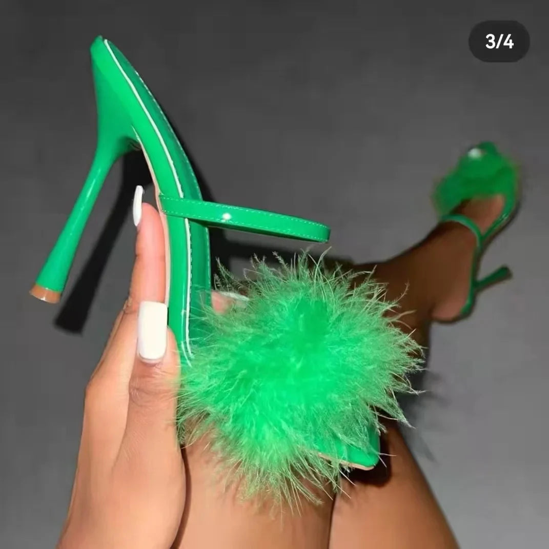 jinran Women's Stiletto High Heel Slippers Sexy Square Toe Feather Green Mules 2024 Summer New Fashion Open Toe Party Wedding Slippers
