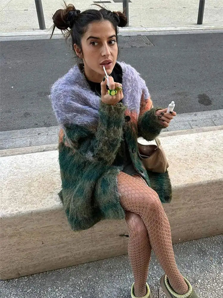 nvxiot - Autumn New Mohair Print Knit Cardigan Coat Oversize Single Breasted Long Sleeve Sweater Tops 2024 Office Lady Commute Streetwear