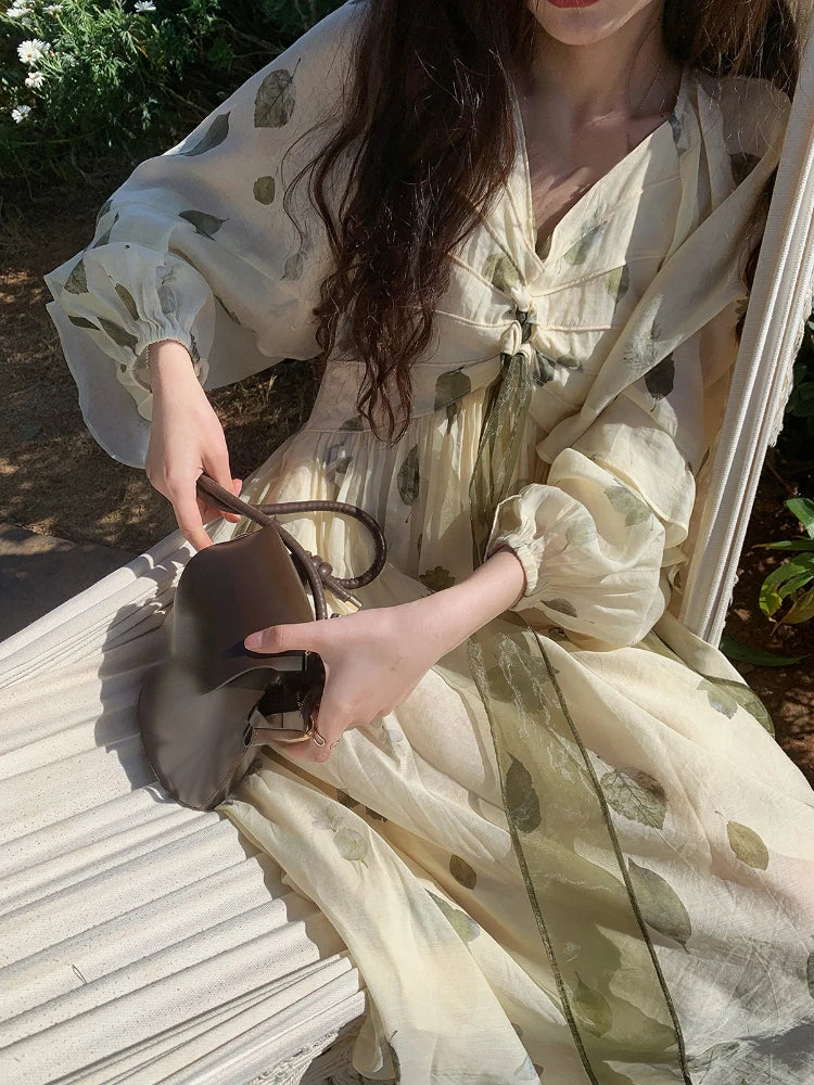 jinran French Vintage Floral Fairy Dress Women Casual Elegant Beach Style Party Dress Chiffon One Piece Dress Korean Women Summer