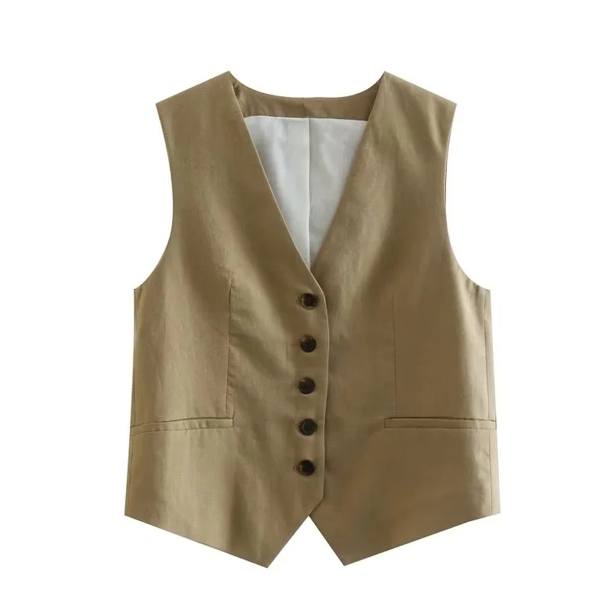 jinran Cotton Linen Brown Spring Summer Pockets Shorts Vest Set Sleevless Button Up V Neck Wide Leg Outfits 2 Pcs Suit Femme