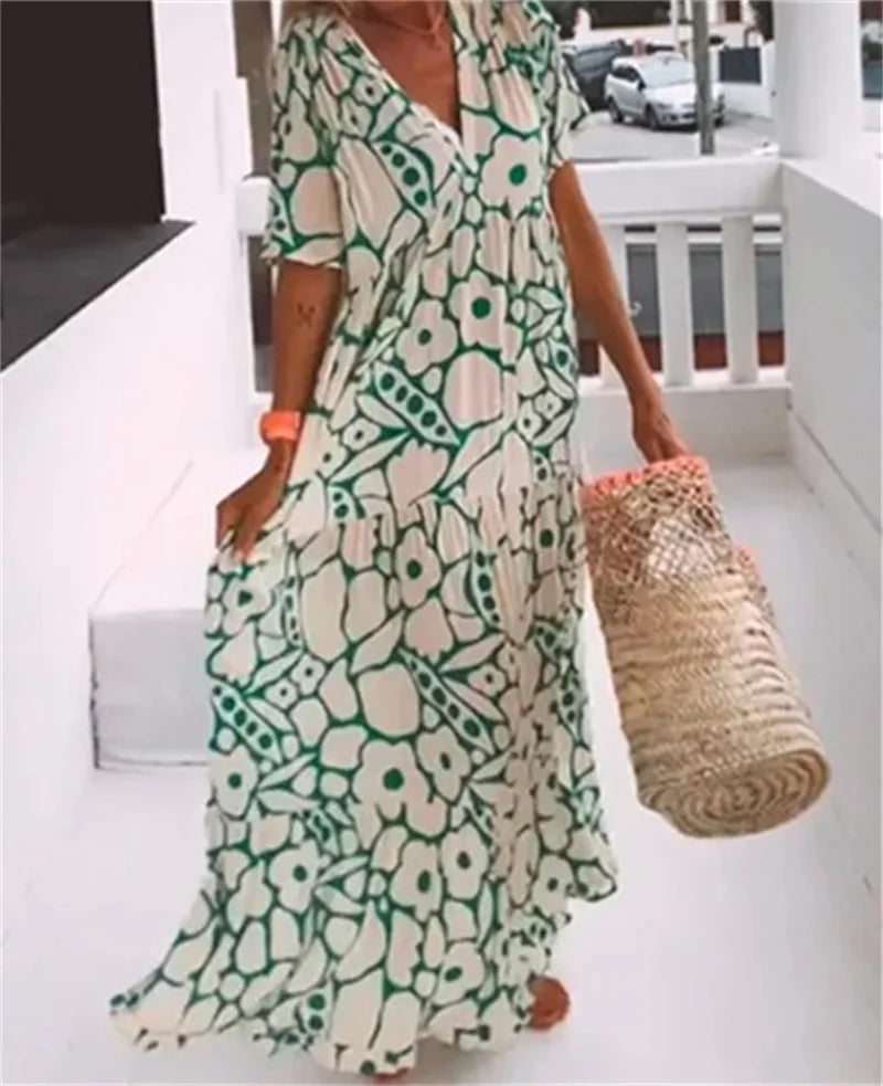 jinran Women's Bohemian Style Dresses Summer Deep V Neck Short Sleeve Dressy Ladies Comfortable Casual Large Hem Gown Trend Streetwear