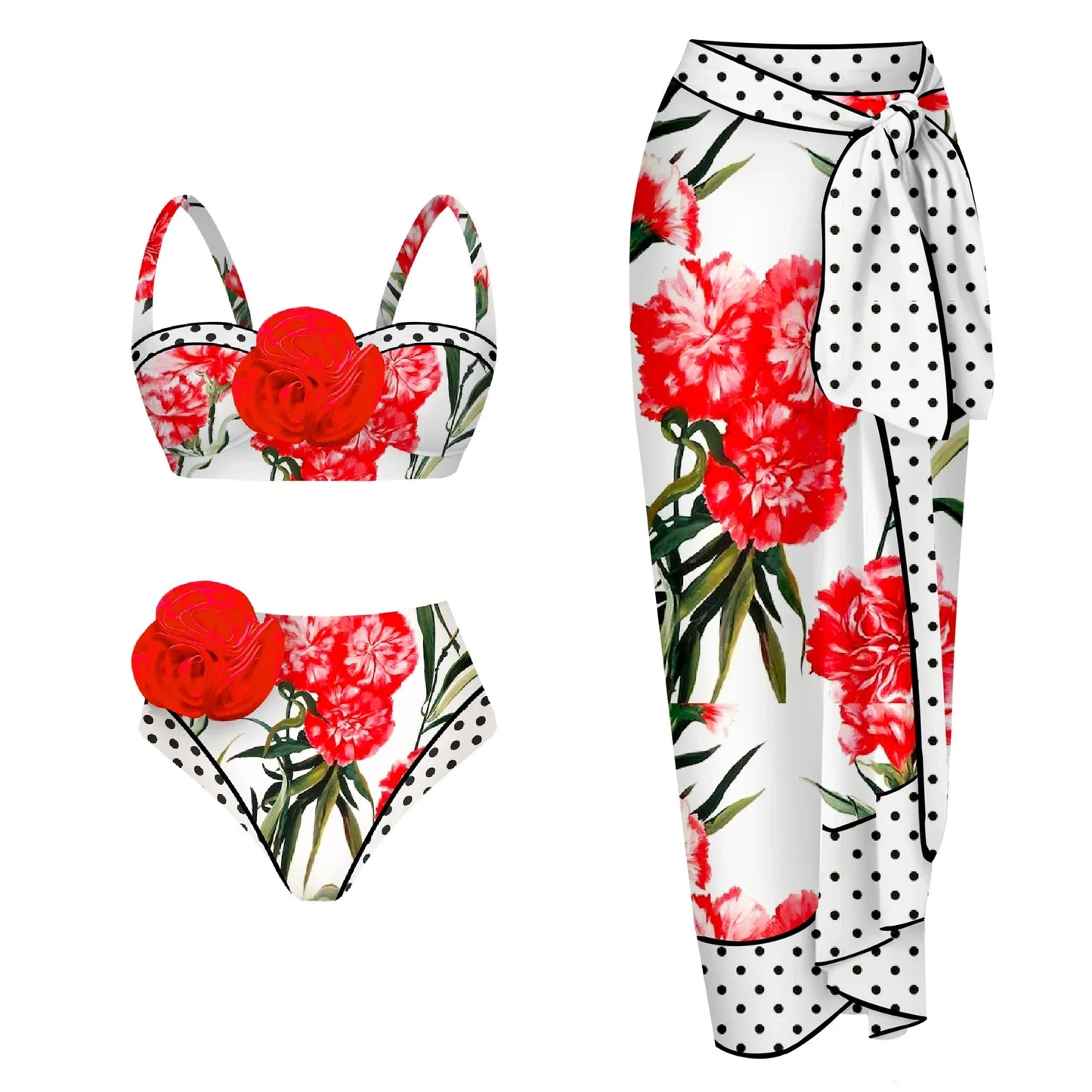 jinran 3Packs Bikini Swimsuit With Beach Skirt 2024 3D Flower Swimwear Swimsuits Bathing Suits Sarongs Print Beachwear Ashgaily Biquini