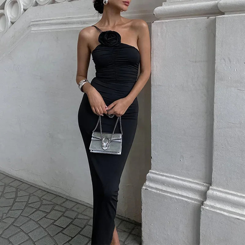 jinran Elegant Floral Applique Ruched Dress Elegant Summer Outfits for Women Irregular Sleeveless Party Club Maxi Dresses Sexy Dress