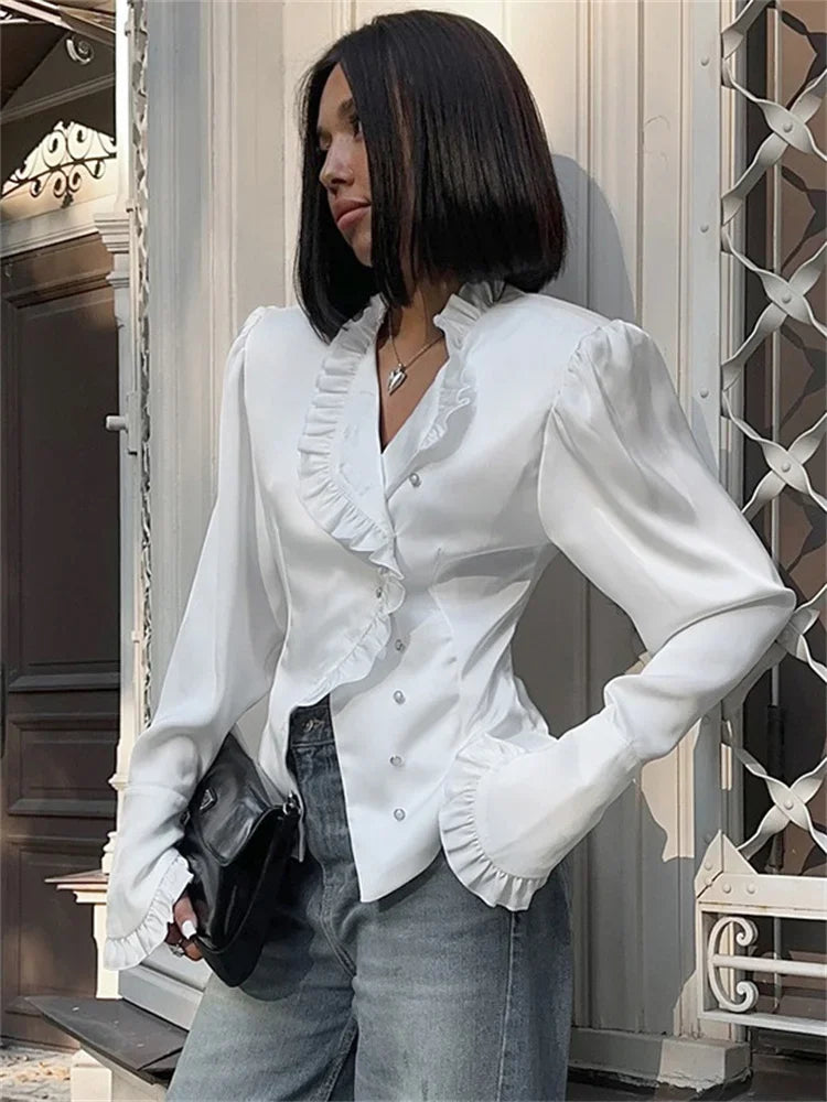 nvxiot - Fall Outfits 2024 White Ruffled Vintage Shirts For Women Patchwork V-Neck Long Sleeve Autumn 2024 Elegant Streetwear Female Cardigan Blouses