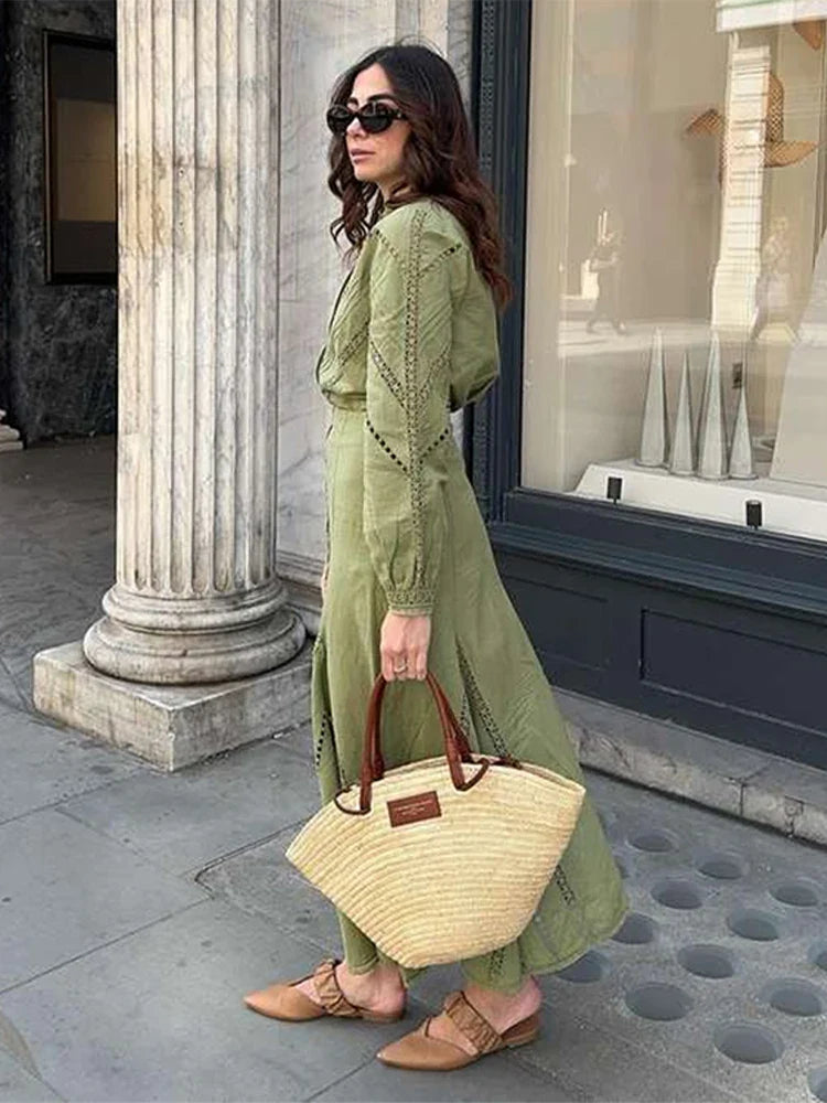 nvxiot - Hollow Out Loose Women Shirts Ruffles Front Split Skirt Casual Long Sleeve Cardigan Blouses Elegant Female Streetwear Skirt