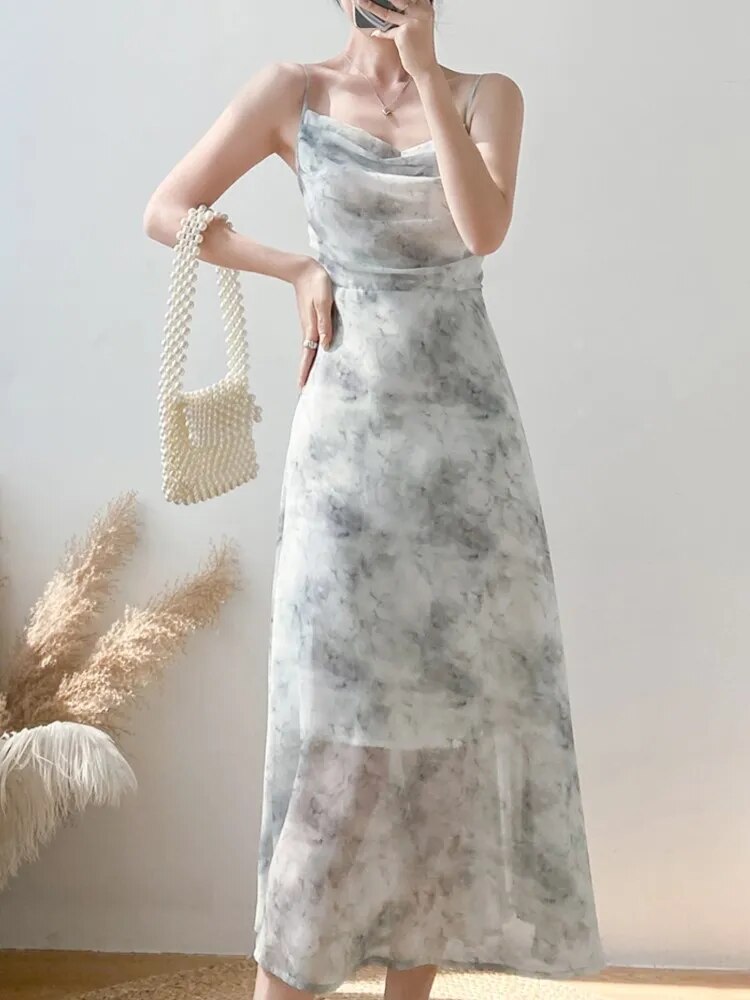 jinran - Summer Party Midi Elegant Dress Women Strap Sexy Design High Wasit Vintage Casual Dress Sleeveless Chiffon Sweet Dress