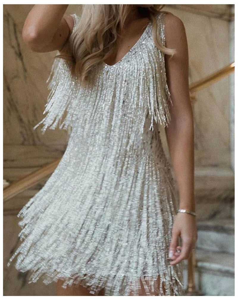 jinran Chic Sexy Sleeveless V-Neck Vintage Tassel Mini Dress Women Elegant Evening Party Bodycon Dresses Summer Ladies Night Club Dress