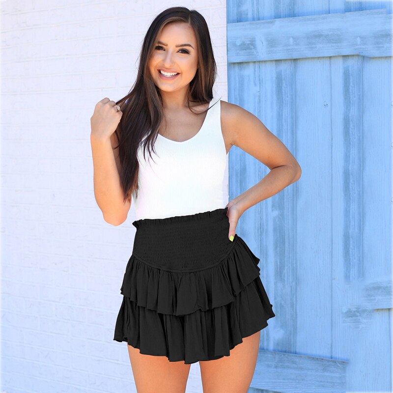 jinran Women Summer White Ruffle Tiered Mini Skirt Beach Cute Fashion Elastic Waist Rose Red Faldas Mujer Black Bottom