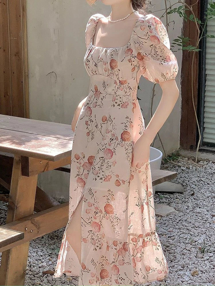 jinran French Elegant Vintage Dress Women Summer Short Sleeve Beach Style Floral Midi Dress Chic One Piece Dress Korea Women Party