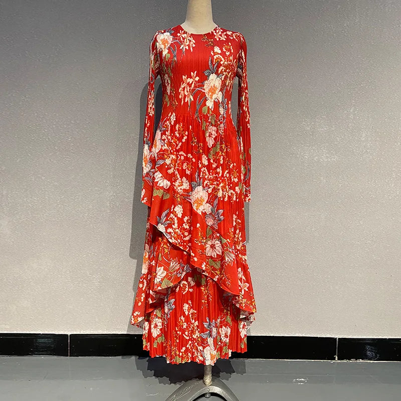 jinran 2024 Summer New Women's Printed Irregular Hem Splicing Dress Bohemian Style Fashion Holiday Leisure Pleated Dress