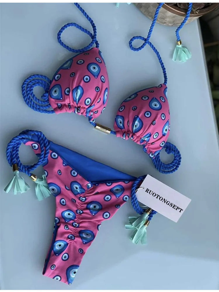 jinran Swimwear Thong Bikini Set 2024 New Blue Swimsuits Woman Sexy Bathing Suits Bikinis Triangle Bandage Female Beachwear Bikini