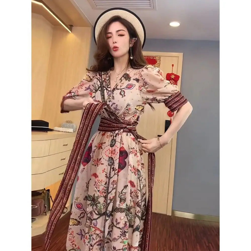 jinran Korean Fashion Puff Sleeve Floral Dress Loose Waist With Bandage New Women's Summer Dresses Elegant Casual Midi Vestidos Mujer