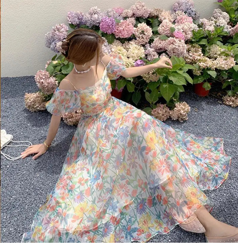 jinran Women's French First Love Puff Sleeves Floral Long Dress Summer Dresses Cool and Breathable Bare Shoulder Korean Fashion 2024