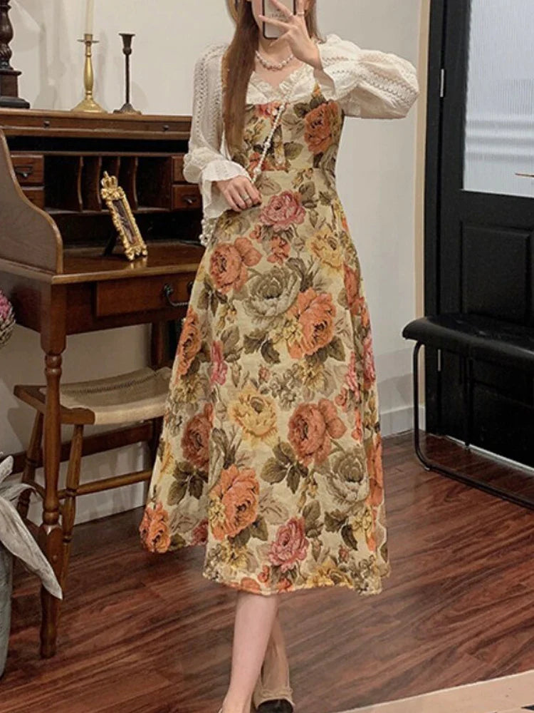 jinran Print Retro Elegant Fairy Dress Women Lace Korean Style Evening Party Midi Dress French Vintage Floral Dress Female 2024Summer
