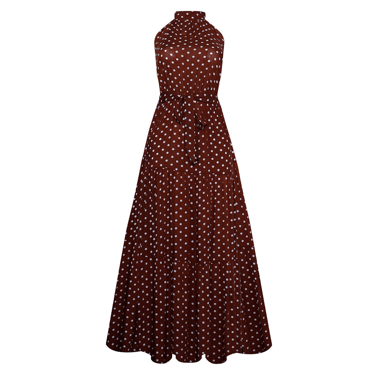 jinran Polka Dots Vintage Women Summer Halter Maxi Boho Dress Sleevless Navy Blue Floral Print Long Sash Beige A-line Beach Casual Robe