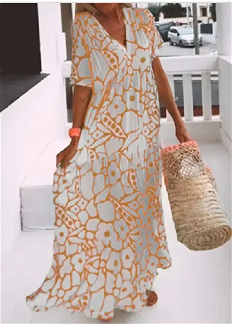 jinran Women's Bohemian Style Dresses Summer Deep V Neck Short Sleeve Dressy Ladies Comfortable Casual Large Hem Gown Trend Streetwear