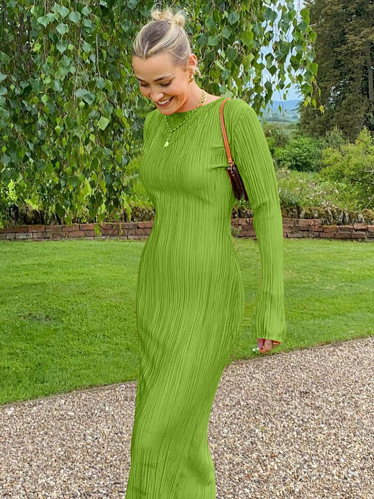 jinran Autumn Striped Ruched Ruffle Sexy Y2K Clothes Long Sleeve Bodycon Midi Dresses For Women 2024 Club Party Elegant Outfit