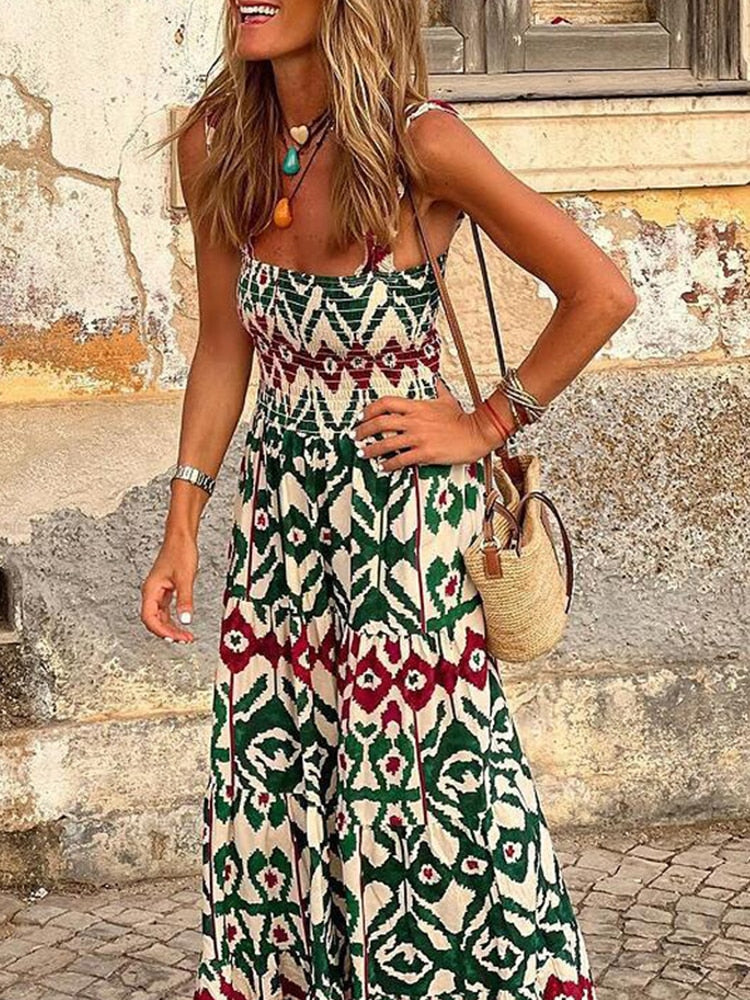 jinran Women's Fashion Retro Loose Print Sling Dress Summer Bohemia Style Beach Seaside Maxi Dress Elegant Chic New Pattern Long Dress