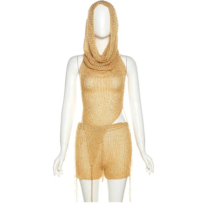 jinran Gold Sequin 2 Piece Knit Set Women Hooded Top and Shorts Trashy Y2k Streetwear Sexy Summer Rave Outfits Sets Two Piece Set
