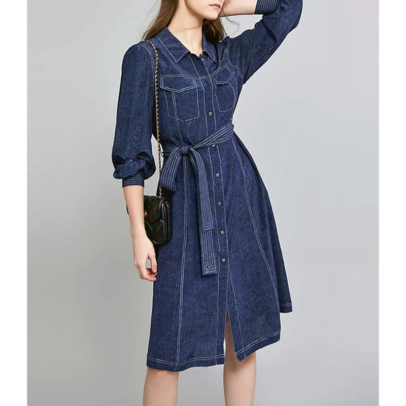 jinran 100%Real Silk Casual Denim Dress Women Turn-down Collar Long Sleeve Elegant Retro Dresses 2024 Spring Summer D41439QM