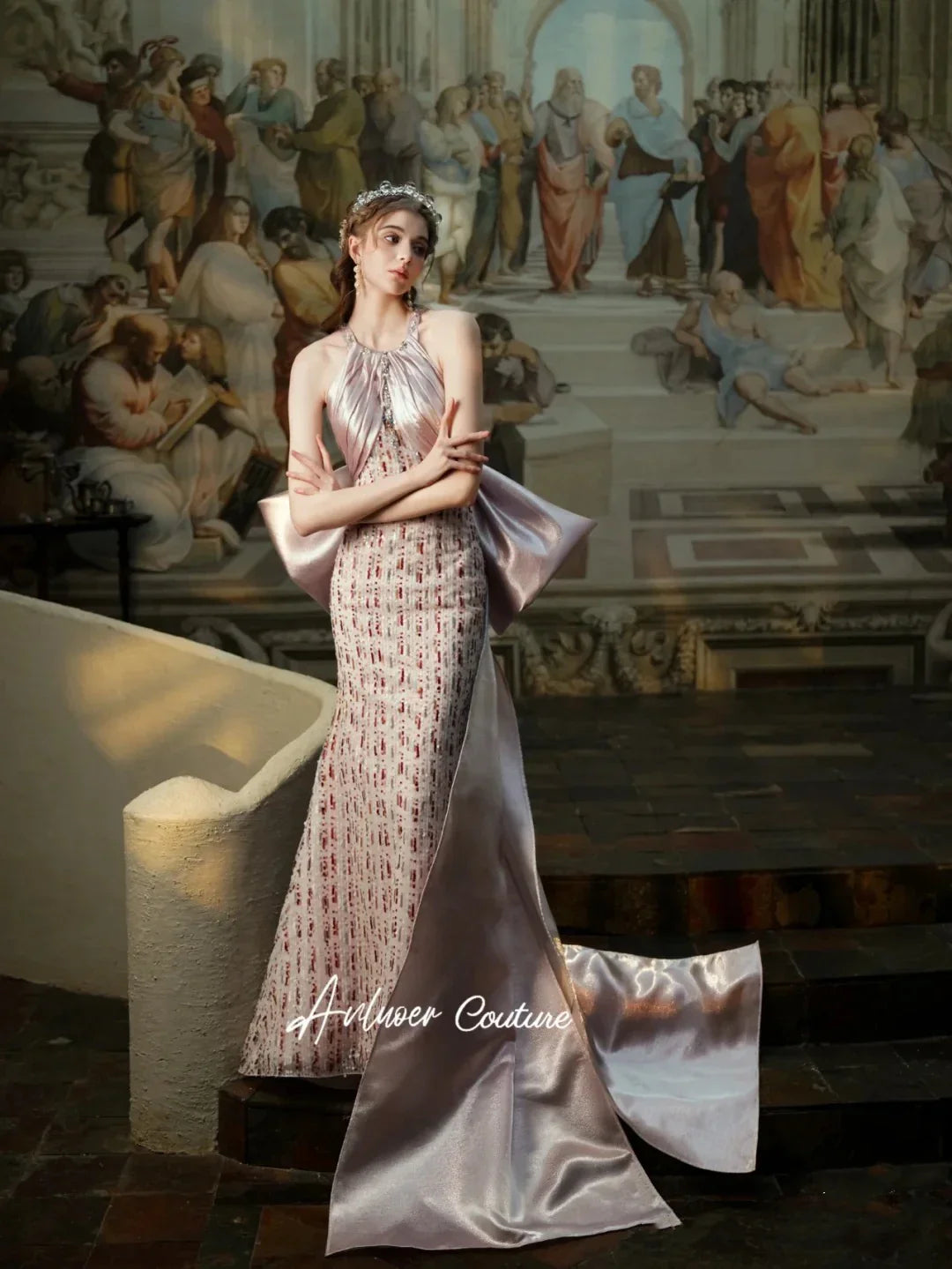 jinran Vintage Mermaid Evening Dress Halter Bow Trailing Backless Satin Luxury Beading Crystal Sequins Sexy Bride Women Party Prom Gown