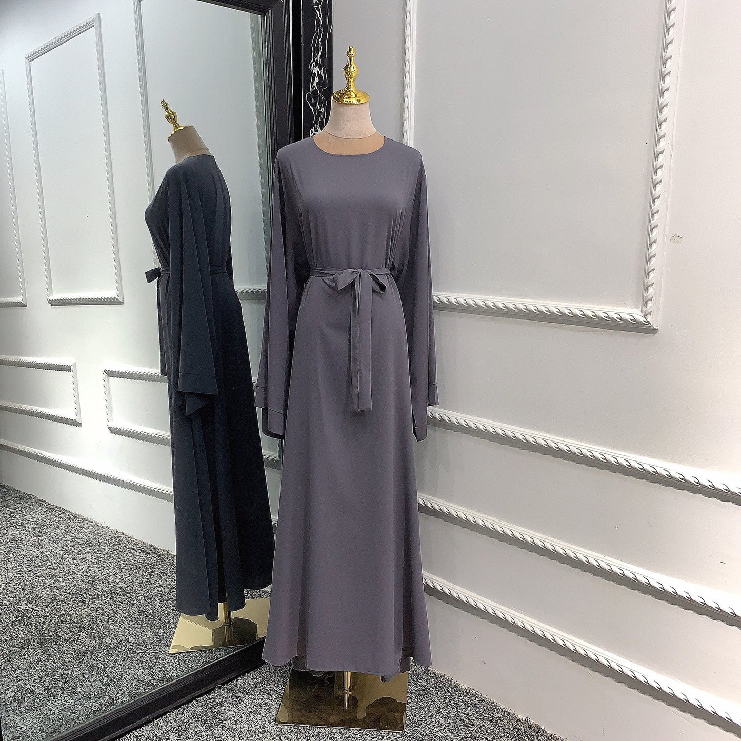 jinran Summer Elegant Solid Color Colorful Temperament Long Skirt Ladies Open Shouder Robe Satin Large Size Belt Muslim Woman Abaya