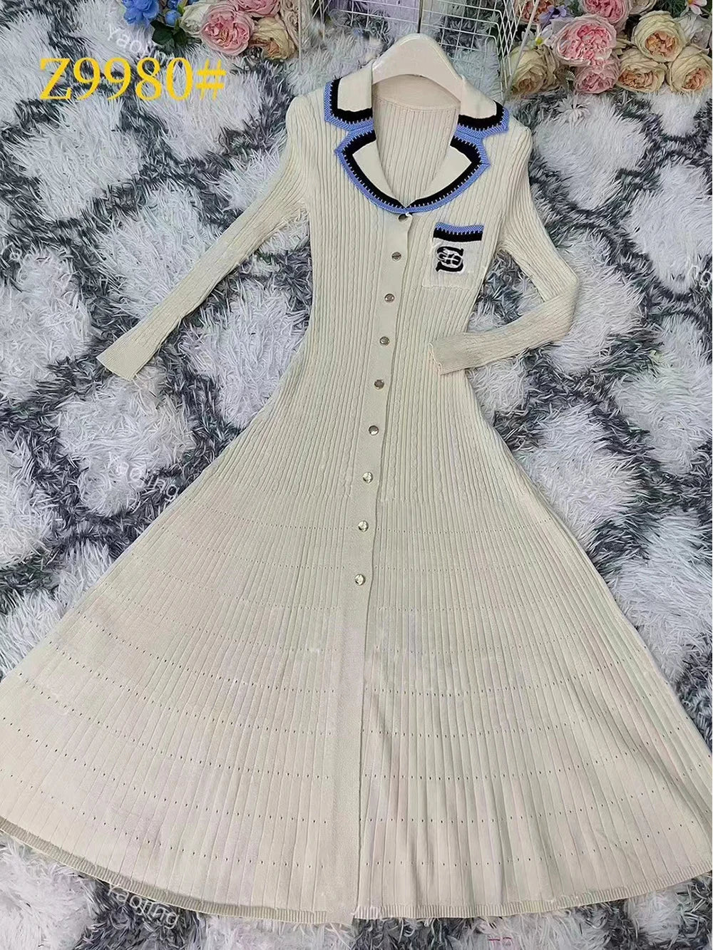jinran 2024 Elegant Slim Knitted Long Dress Women's Letter Single Breasted Long Sleeved Designer Vintage Dresses Autumn