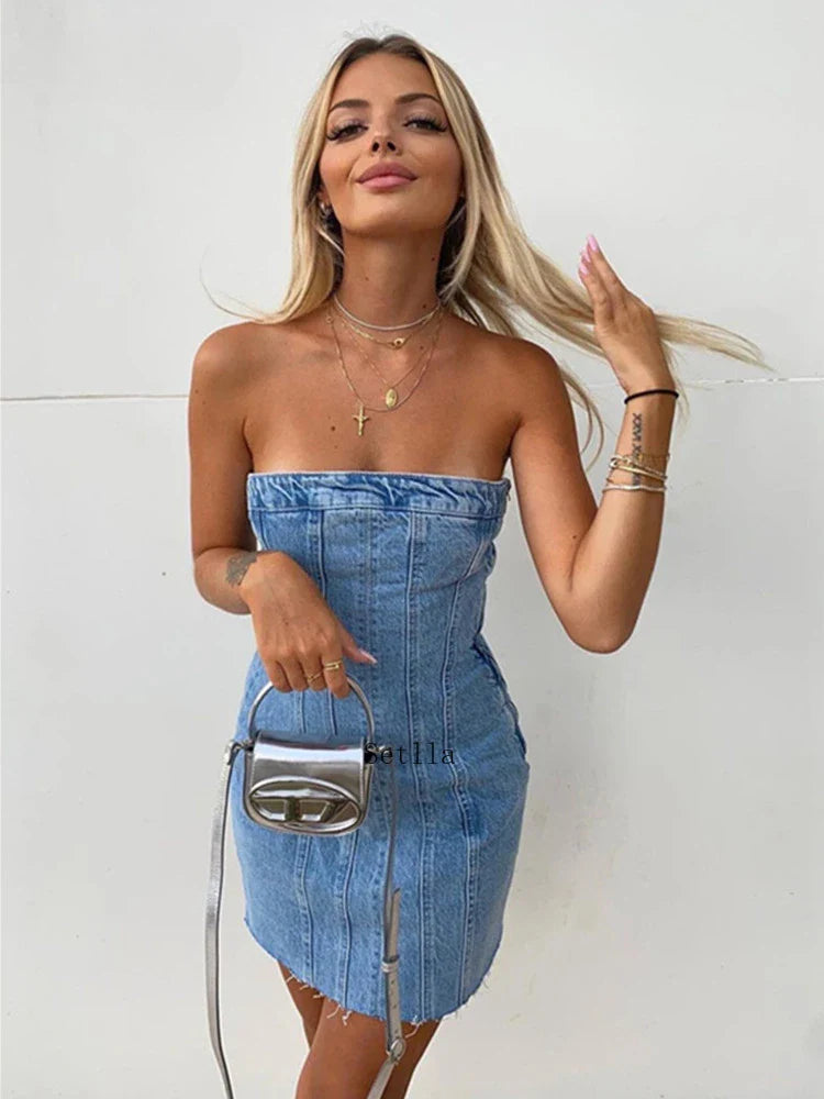jinran 2024 Denim Mini Dress Women Fashion Slim Backless Strapless Sleeveless Sexy Bodycon Dresses Summer Causal Party Mini Dress