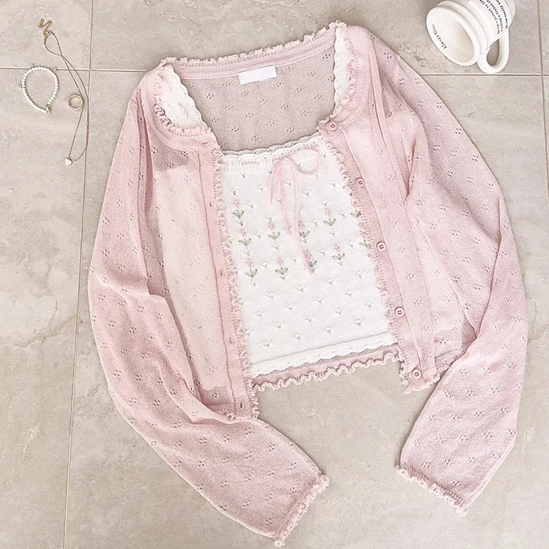 jinran Cute 2 Piece Tops Women Summer 2023 Cardigans and Crop Tops for Sweet Girls Floral Cat Print Kawaii Clothes