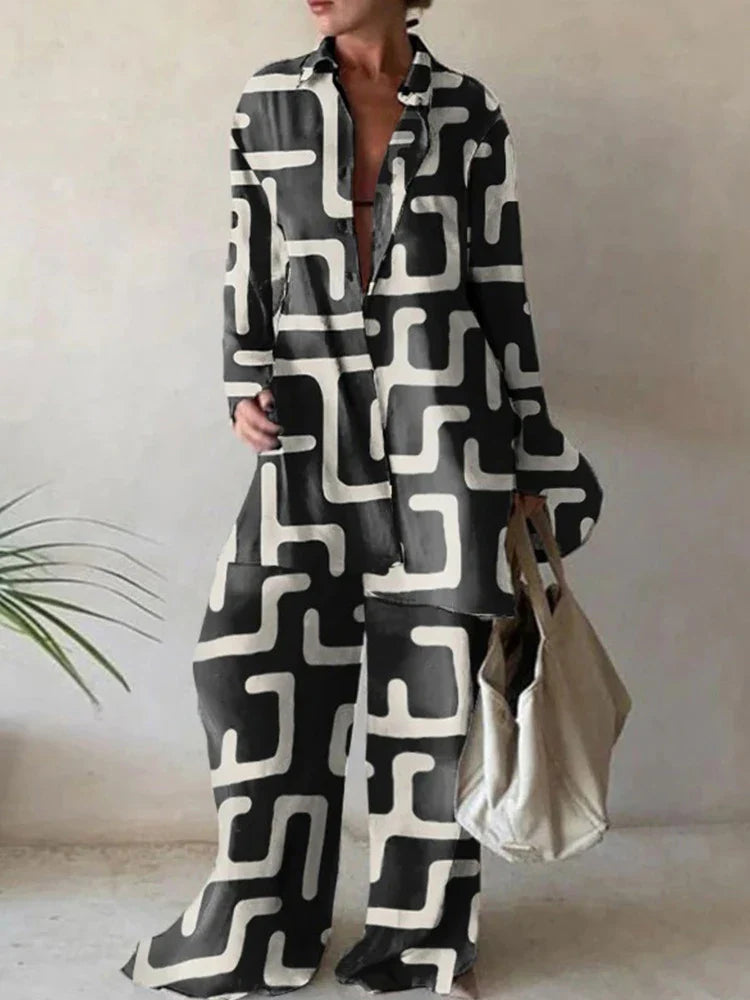 jinran Elegant Summer Stripes Shirt Pants Set Women Loose Long Sleeve Blouses Matching Wide Trousers Suit 2024 Casual 2 Piece Pant Set