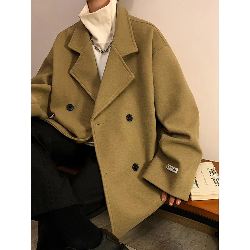men Black Streetwear Winter Jacket Overcoat Classic Korean Fashion Trench Coat Oversized Windbreaker Wool Blends Coat
