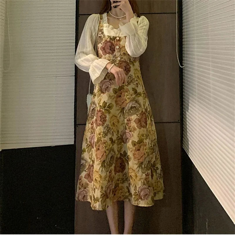 jinran French Vintage Floral Dress Women Lace Korean Style Evening Party Midi Dress Female Print Retro Elegant Fairy Dress Autumn 2024