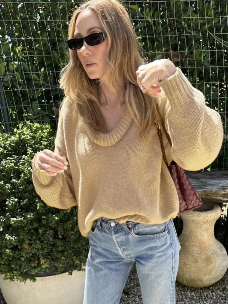 nvxiot - Autumn Knit Sweater Pullover Loose Female Casual Patchwork Scoop Neck Striped Long Sleeve Knitwear Women Y2k Top Pullover